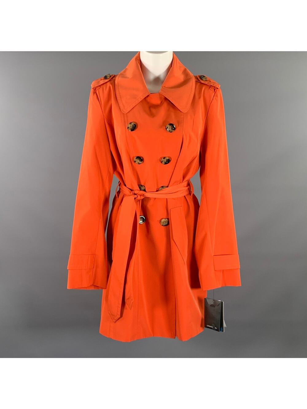 LONDON FOG Size L Orange Polyester Double Breasted Trench Coat